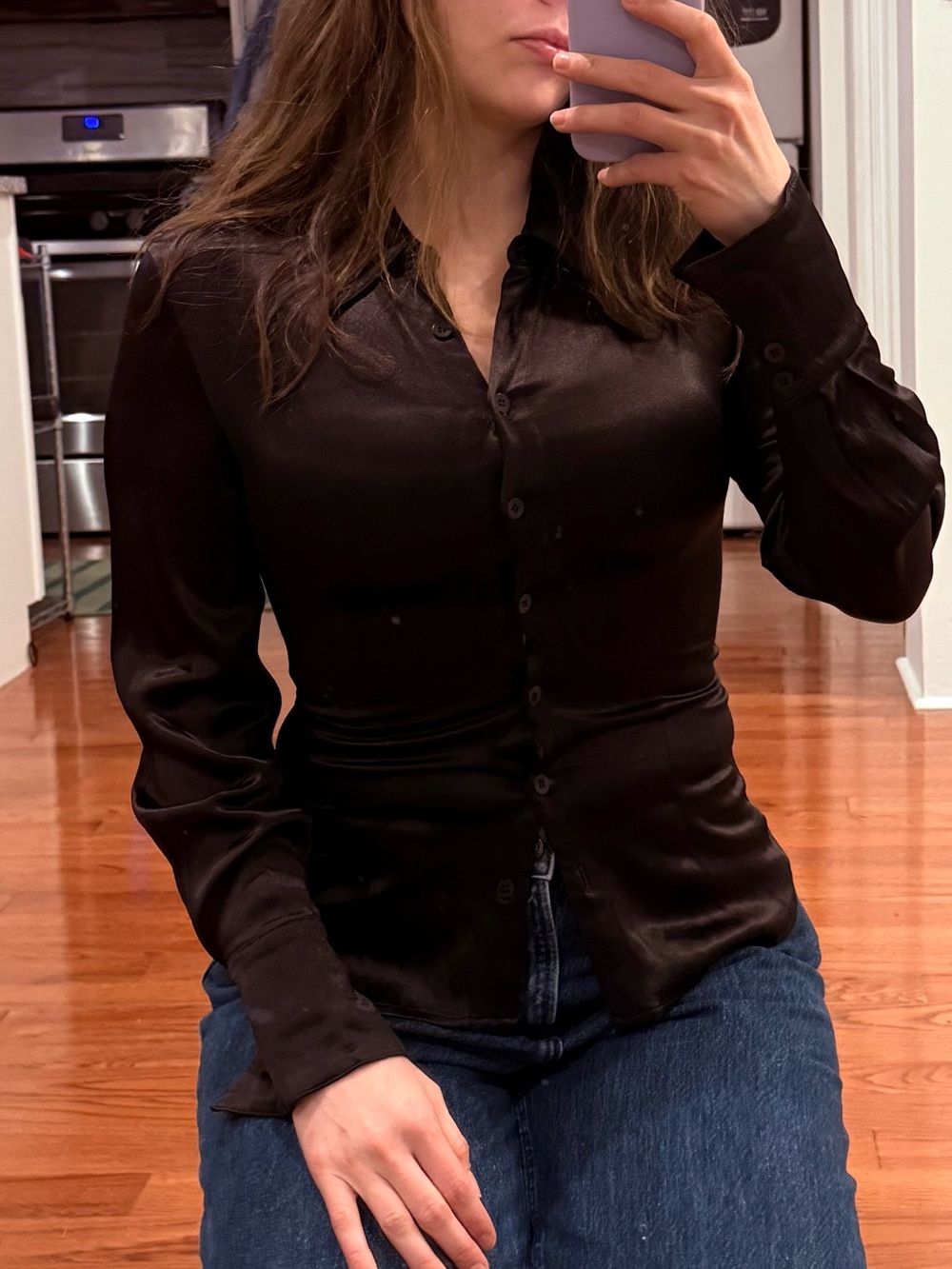 BCBG Paris Black Satin Button-Down Shirt